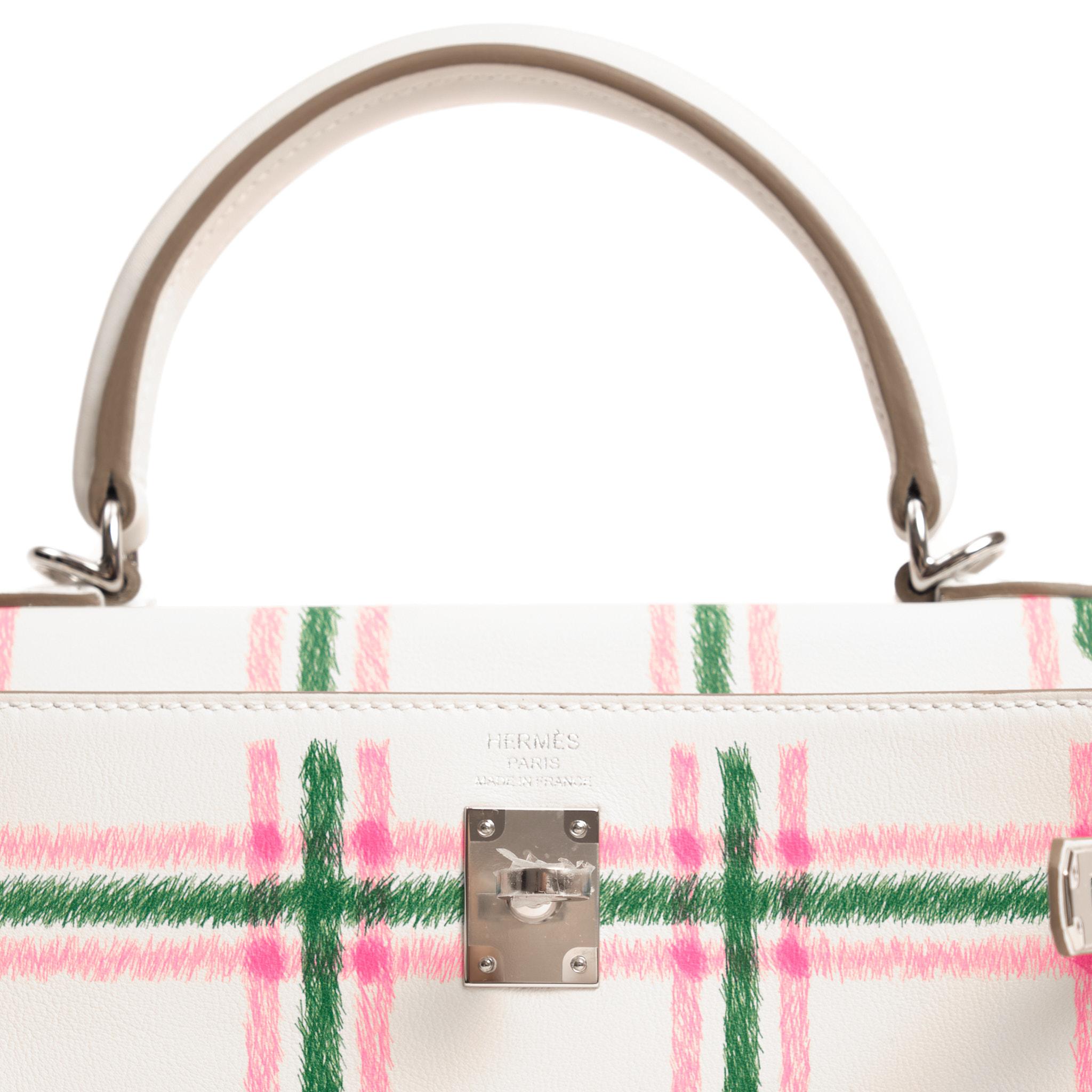 HERMÈS Kelly 25 Tartan Gris Pale Bubblegum-Vert Swift