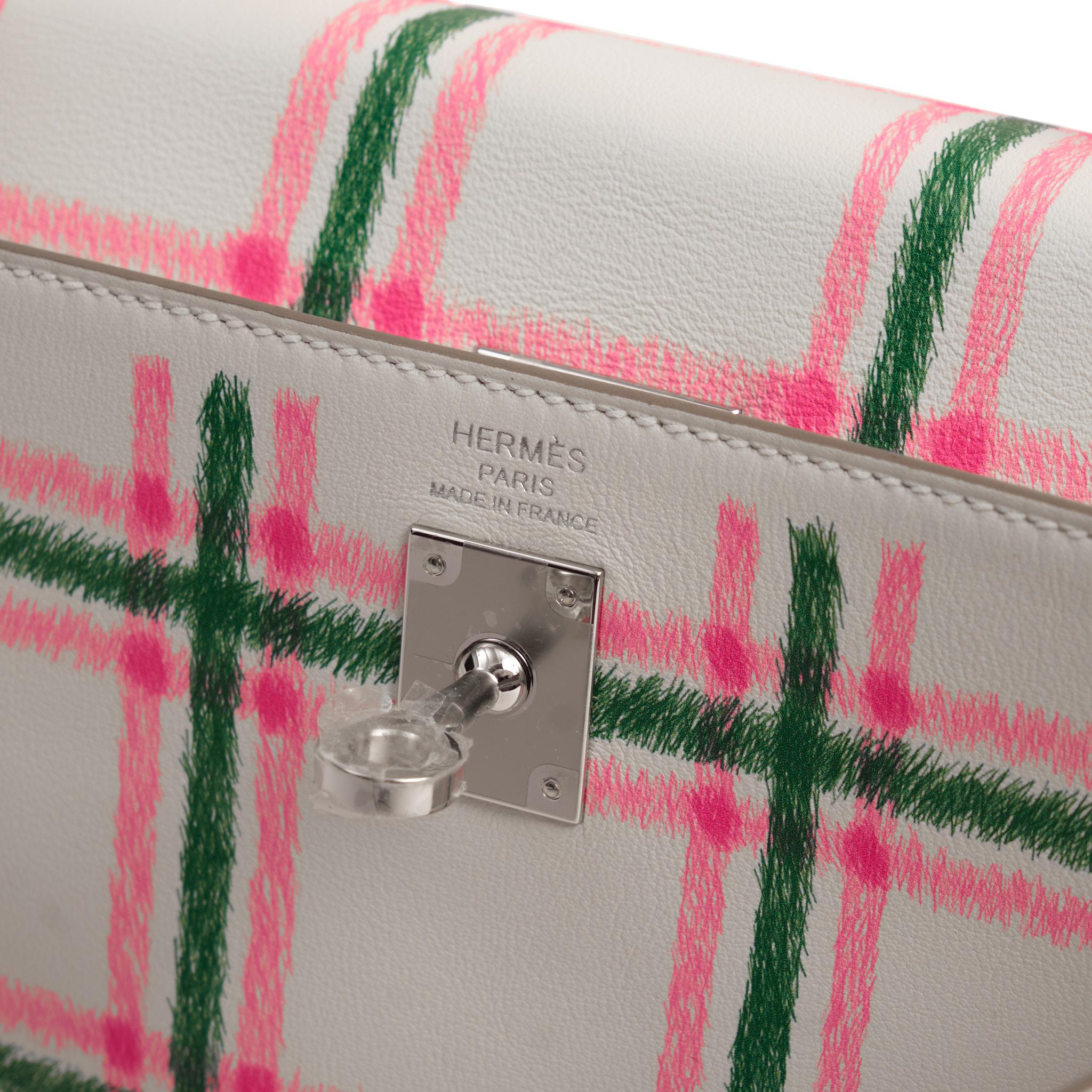HERMÈS Kelly 25 Tartan Gris Pale Bubblegum-Vert Swift