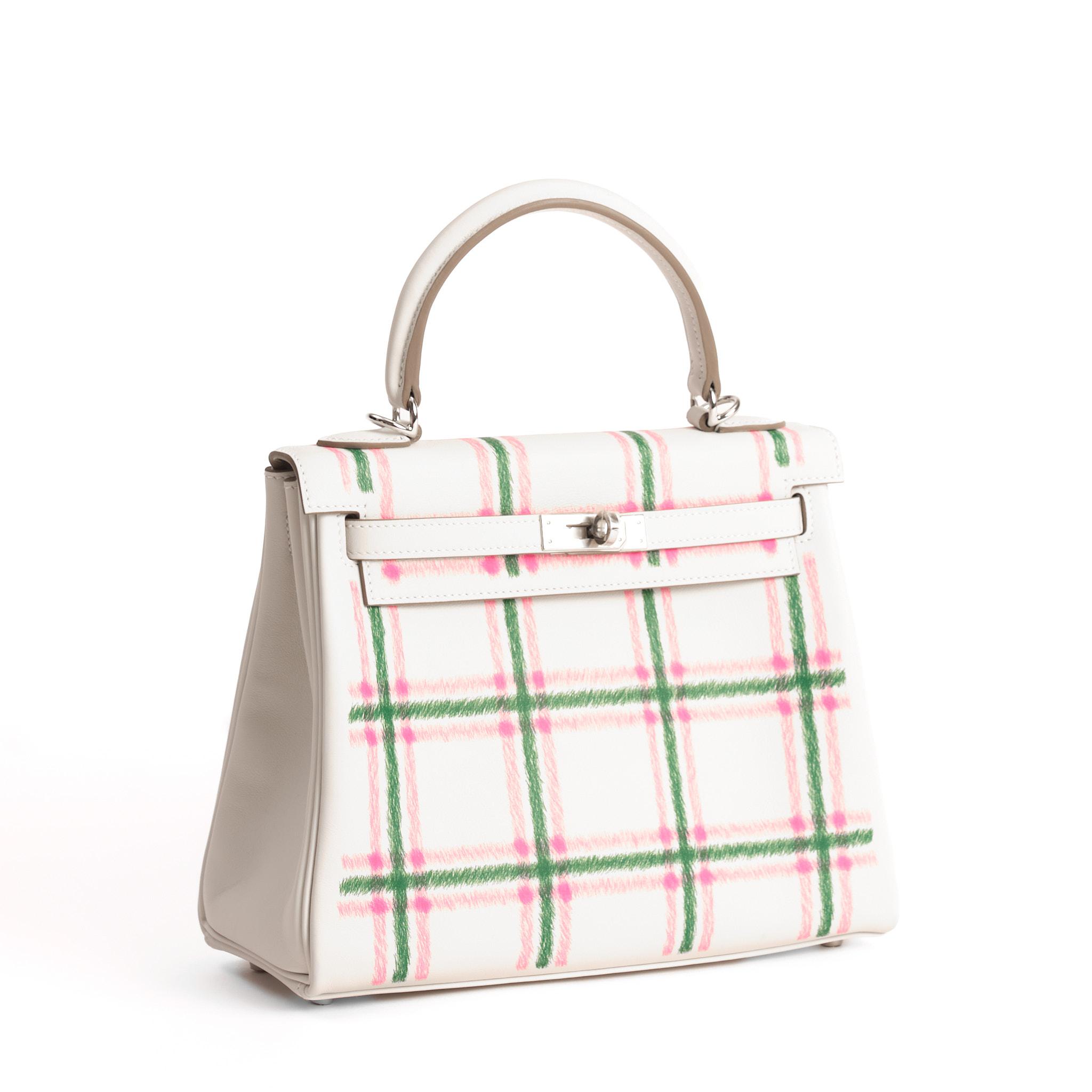 HERMÈS Kelly 25 Tartan Gris Pale Bubblegum-Vert Swift