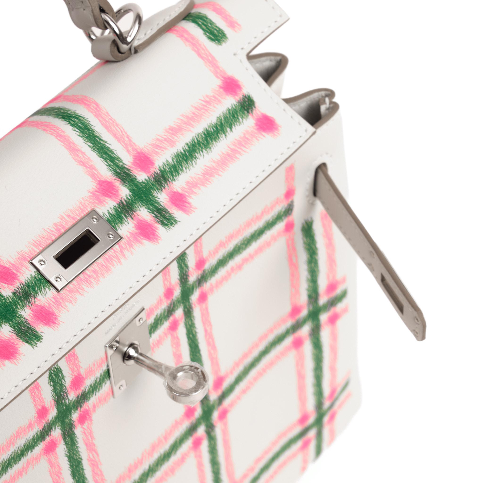 HERMÈS Kelly 25 Tartan Gris Pale Bubblegum-Vert Swift