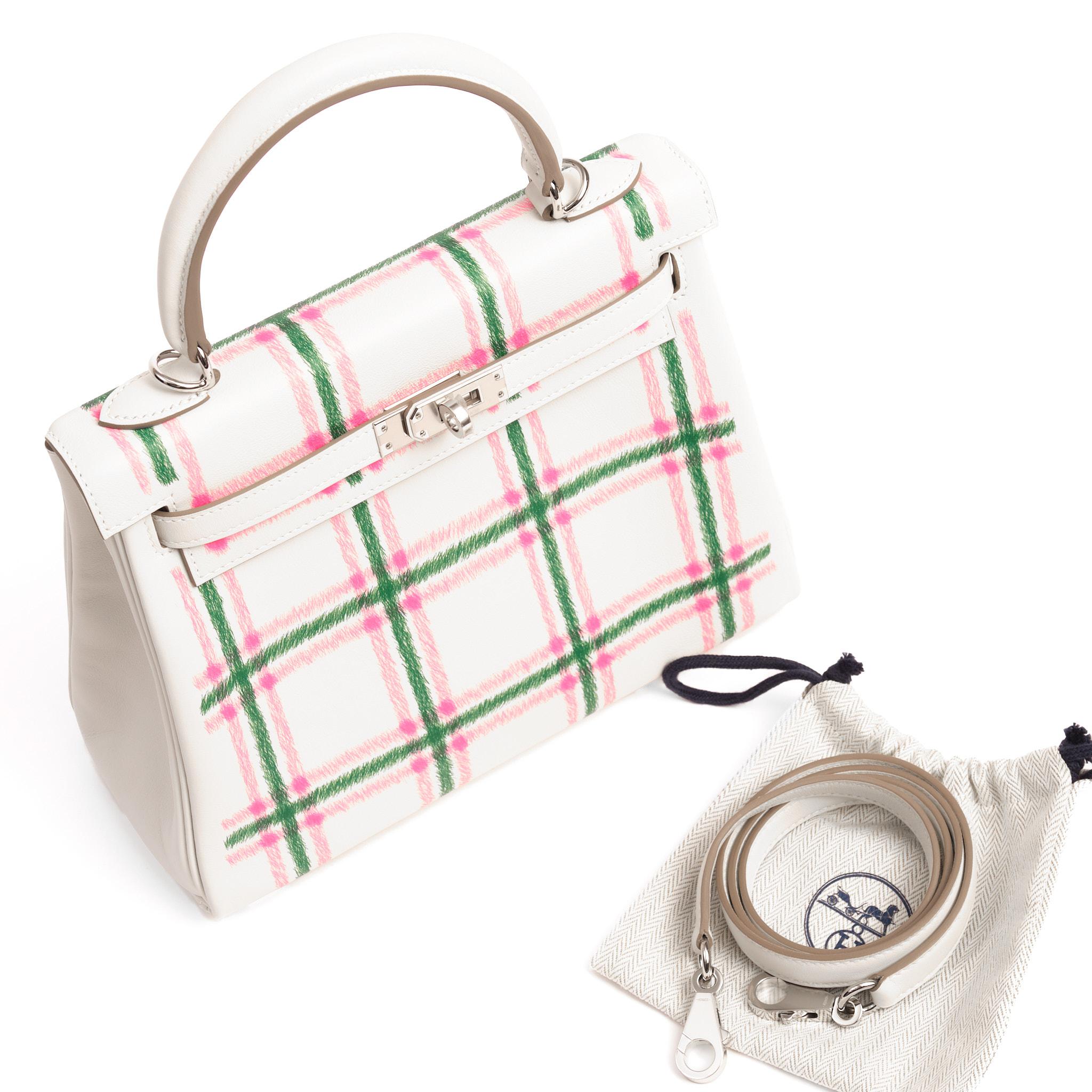 HERMÈS Kelly 25 Tartan Gris Pale Bubblegum-Vert Swift