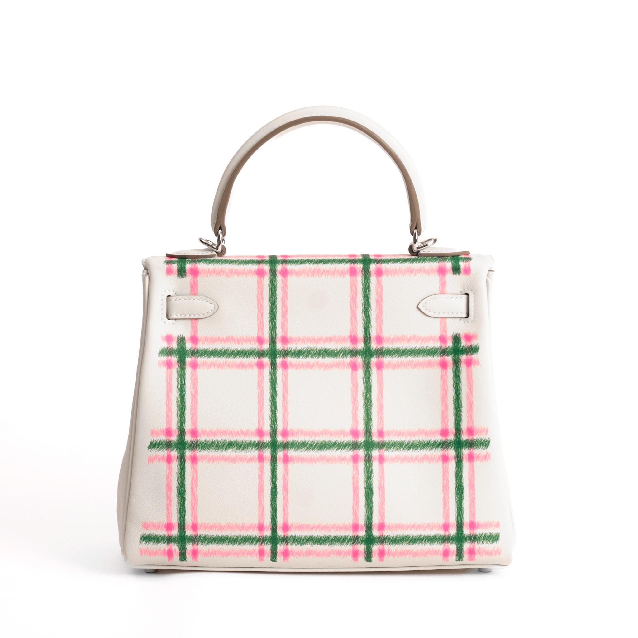 HERMÈS Kelly 25 Tartan Gris Pale Bubblegum-Vert Swift